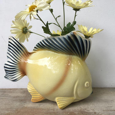 Vintage Royal Copley Fish Planter, Figural Fish Vase, Yellow Blue, Tropical Decor, Beach House, Lake House by luckduck