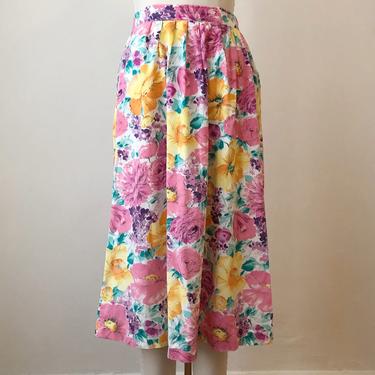Pink and Yellow Floral Print Midi Skirt - 1980s 
