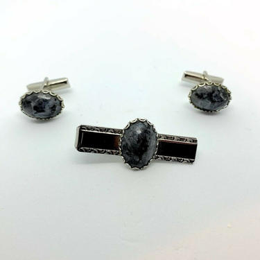 Vintage Mid Century Modern Silver Tone and Gray Obsidian Cufflinks and Tie Clip 