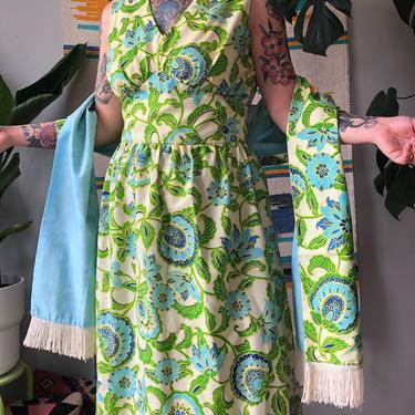 Vintage 70's Blue floral maxi dress with shawl / 1970's cotton dress with matching scarf / size medium by Ru