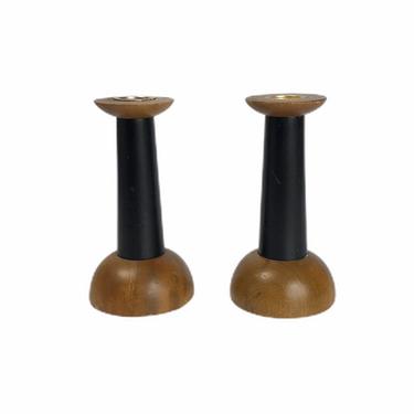 Vintage Wooden Two Tone Black Candlestick Holders pair 