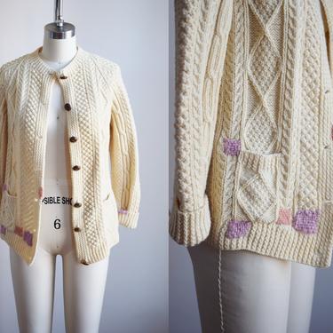 Classic Vintage 1970s Wool Cable Knit Cardigan with Darns | XS | Fishermans Sweater | Aran Knit with Visible Mends 