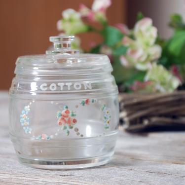 Kruger glass jar / hand painted cotton ball jar / baby nursery jar / vanity jar / vintage Kruger glass container / cottage bath decor 
