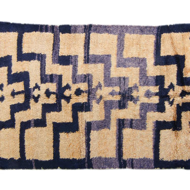 Vintage Konya 4’2” x 5’11” Rug Soft Abstract Geometric Small Wool Tan Purple Boho Area Rug 1960's - FREE DOMESTIC SHIPPING 