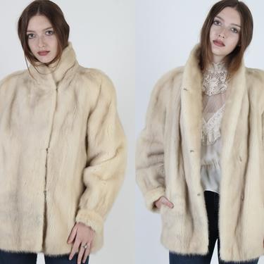 Vintage Evans Collection Blonde Mink Coat / Cream Designer Mink Fur Jacket / 1980s Real Womens Ivory Pockets Winter Overcoat 