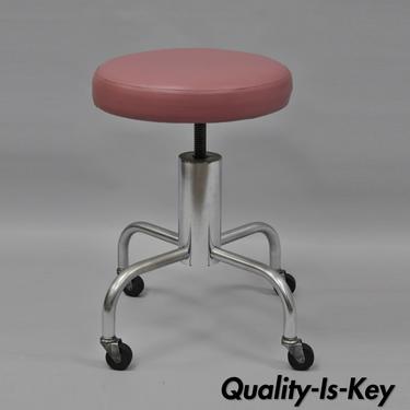 Vtg Chrome Pink Vinyl Adjust Steel Metal Work Stool Chair Dental Industrial B