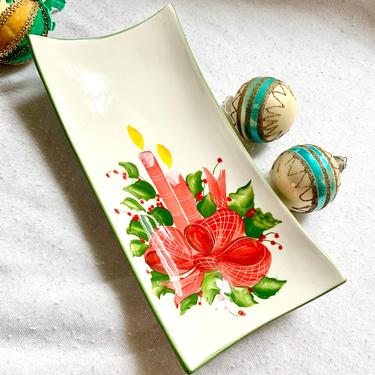 Vintage Holiday Decor, Hand Painted Ceramic Porcelain Tray, Candle, Holly, Made in Italy 