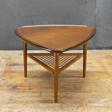 Selig Triangle Side Table Ib Kofod Larsen Danish Teak Mid-Century Vintage Tiered cane Shelf Table 