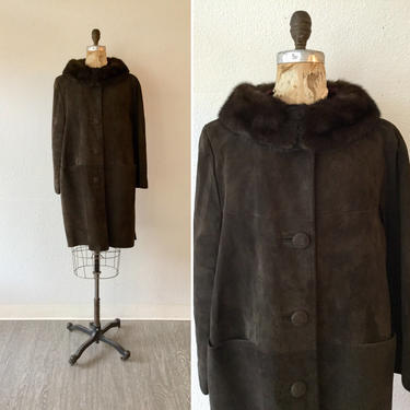 Coco 60s coat | Vintage dark chocolate brown suede coat with fur collar | 1960s suede button front winter coat 