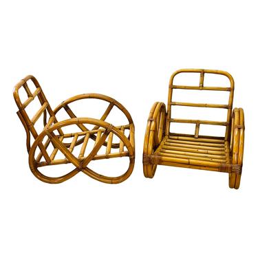 Vintage 1950s Rattan Pretzel Style Curved 2 Strand Arm Chairs, Pair