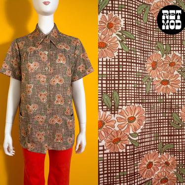Hippie Chic Vintage 70s Brown Hatch-mark Flower Pattern Short Sleeve Button Down Shirt - PLUS SIZE 