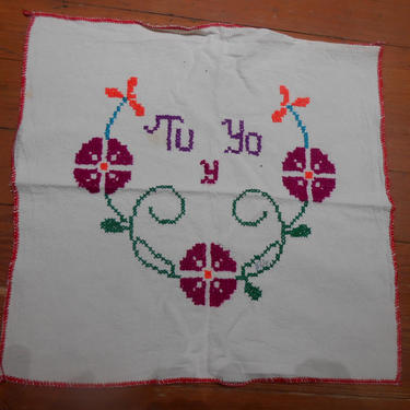 Vintage Handmade Spanish Tu Yo Y Translated You and I Hand Embroidered Linen Pillow Cover Wall Hanging Table Linen Napkin Dresser Decoration 