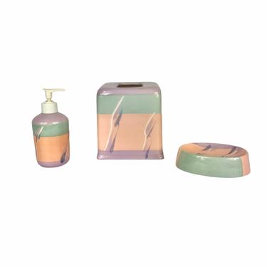 80's Pastel Vohann of California Hand painted Pottery Bathroom Accessories Set, Soap Dish, Lotion Bottle, Tissue Box Cover 
