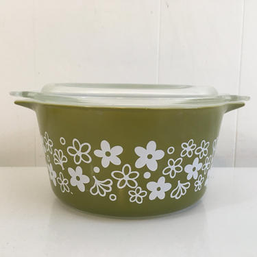 Vintage Pyrex Spring Blossom Cinderella Casserole Dish 473 1 Quart Milk Glass Green Mid-Century Retro Oven Made in USA Ovenware with Lid 