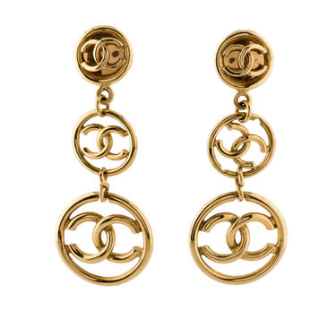 Vintage 90's CHANEL CC Triple Logo Dangle Hoop XL Gold Metal Earrings Jewelry Clip on - Wow!! Collectors Item!! 