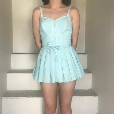 1950s Catalina Swimsuit Playsuit Baby Blue Pinstripe Lace and Buttons Adorable 34 Bust Vintage Maillot de Bain 