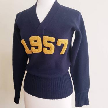 1950s Navy Blue Wool Cheerleader Sweater / 1957 V Neck Pullover Jumper Cheerleading Schneider Knit Yellow Numbers Logo Date Year /Cami 