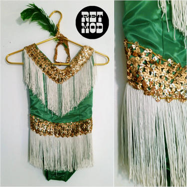Cute Green Flapper Style Vintage Pin-Up Burlesque Costume with Gold Sequins and White Fringe - Comes with Feather Headband! 