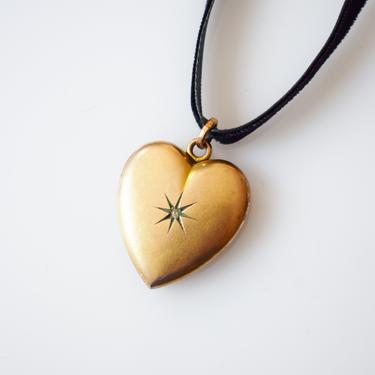Antique Gold Heart Locket with Rhinestone Starburst 
