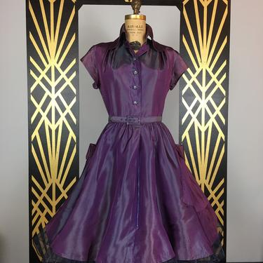 1950s dress, purple sharkskin, vintage 50s dress, fashioned by hobert, size large, shirtwaist dress, iridescent, full skirt, mrs maisel, 40 