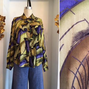 Vintage 80s blouse, 1980s rayon blouse, leaf print blouse, double breasted, chartreuse blouse, military style, medium 