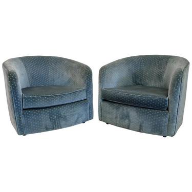 Pair of Mid-Century Danish Modern Blue Swivel Club Chairs on Wheels 