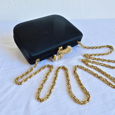 Vintage Rodo Black Satin Hard Case Purse Convertible Clutch Gold Shoulder Chain Rhinestone Clasp Evening Cocktail Party Made in Italy 