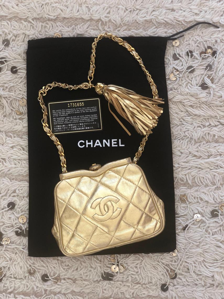 Vintage 90s CHANEL CC Gold Quilted Leather Gold Chain FANNY, Moonstone  Vintage