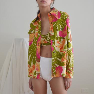 70s cotton twill hawaiian jacket and bralette top set 