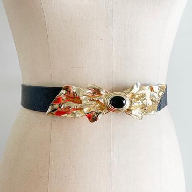 1980s Mimi Di Niscemi bow buckle black faux snakeskin belt adjustable size 