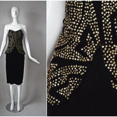 vtg 80s Eco Fashion Creations black velvet and gold glitter strapless peplum dress w/ heart shaped neckline | 1980s | size 9 dress | party 