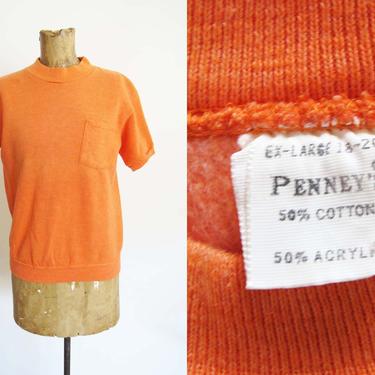 Vintage 1950s Penney's Short Sleeve Sweatshirt S - 50s Melon Orange Short Sleeve Sweatshirt - Mockneck - Pocket T Shirt - Mock neck 