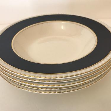 Vintage Set of (5) Navy Cobalt Blue  and Gold with Rope Trim Ambassador Fondville Soup Bowls 8&quot; 1/2 r- Great Condition 