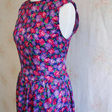 Vintage 80s Floral Print Dress, 1980s Rose Flower Sundress, Sleeveless, Satin 