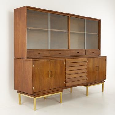 Merton Gershun for American of Martinsville Mid Century Large Walnut and Brass Credenza Buffet with Hutch - mcm 