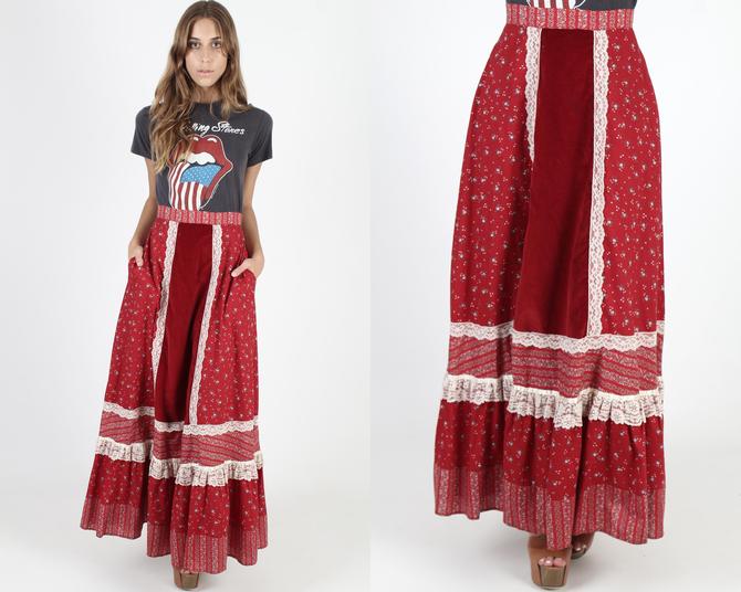 Vintage Gunne Sax Skirt, Long Red Velvet Skirt, Calico Floral 