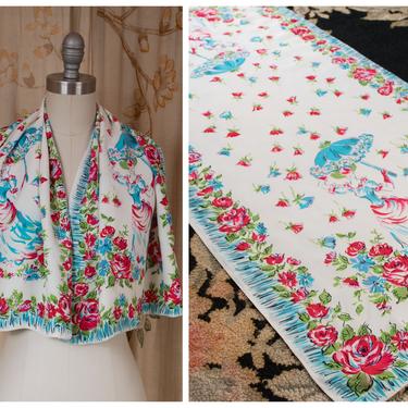 1940s Scarf - Gorgeous Vintage 40s Long Cold Rayon Novelty Scarf with Ladies in Victorian Summer Dress Framed with Roses 