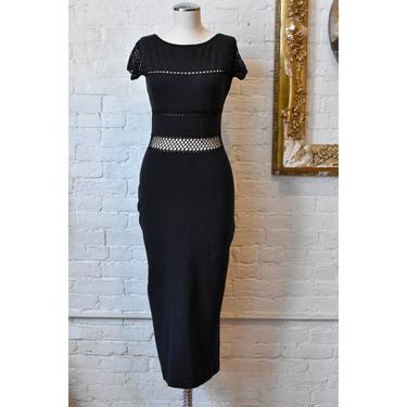 1990’s | Vivienne Tam | Vintage Black Maxi Dress with Crochet Cut Outs 