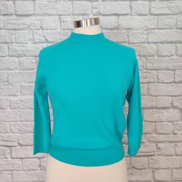 Vintage 60s Bernice Teal Blue Acrylic Sweater // 3/4 Sleeve Cropped Pullover 