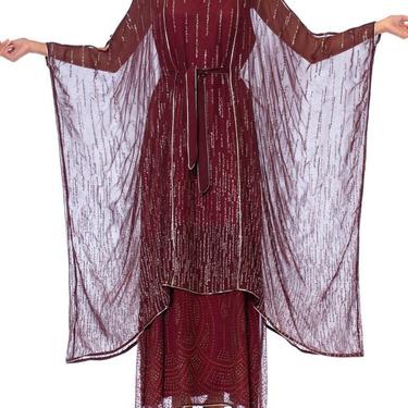 1970S Janice Wainwright Maroon Rayon Chiffon Goddess Sleeve Kaftan Style Gown With Crystal Buttons  Metallic Silver Detailing 