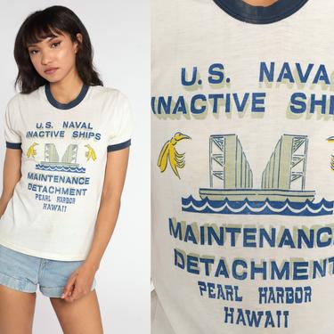 Vintage Pearl Harbor Shirt Ships Maintenance Detachment Ringer Tee Boat Shirt 80s Nautical Graphic Tee Single Stitch Hawaii Small S 