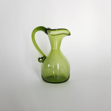Olive Green Glass Pitcher Vase / Colored Glass Bud Vase / Small Green Cruet with Handle & Spout / Vintage Art Glass Home Decor 