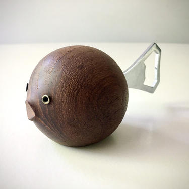 Iconic HAJ Design Puffer Fish bottle opener Teak Denmark Danish Wood 
