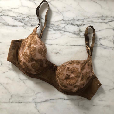 70s lace bra / vintage Vanity Fair lace padded bra / cocoa brown + blush pink lace underwire bra | 34 B/C 