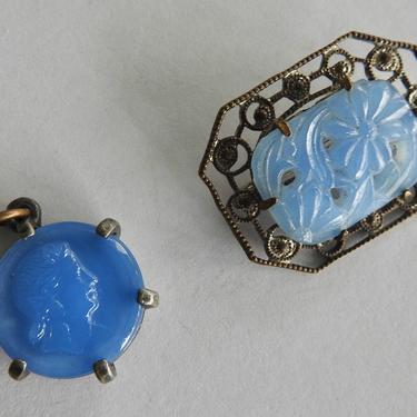 Two Deco Blue Pressed Glass  Cameo Pendant and Pin 