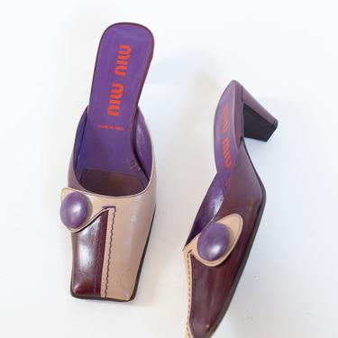 Vintage MIU MIU Square Toe Two Tone Purple + Beige Slingback Button Mules sz 37 7 90s Y2K Italian Leather 