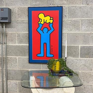 Vintage Keith Haring Print 1980s Retro Size 35x21 Man Holding Radiant Baby + Pop Art + Contemporary + Primary Colors + Home and Wall Decor 