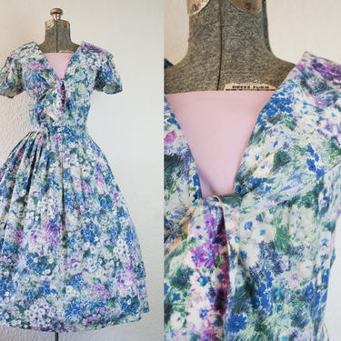 1950s Blue and Purple Floral Print Cotton Dress / Size Large 