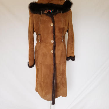 Vintage Brown Suede Winter Coat with Black Fur and Shearling  / Hooded Leather Coat / L / Carmela 