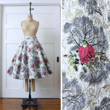 vintage 1950s quilted circle skirt • MCM hot pink rose floral print skirt on bright white &amp; gold 